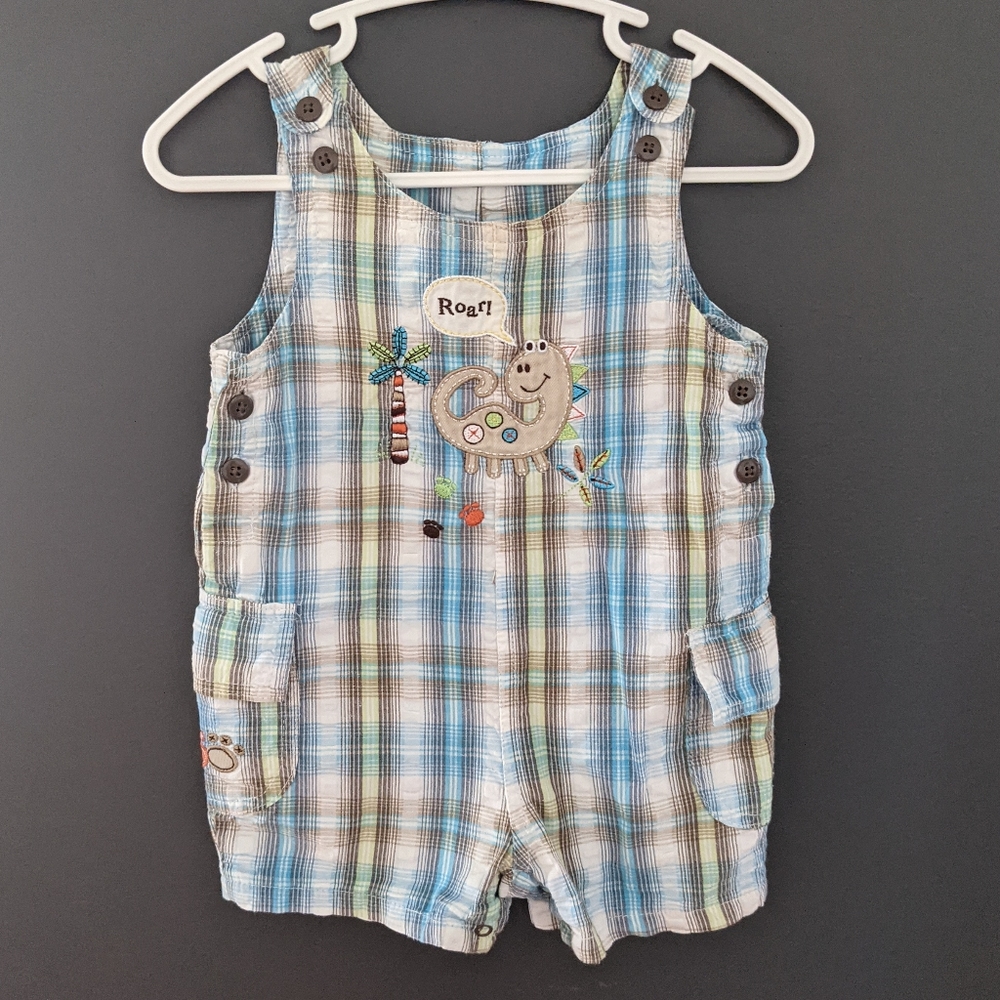Plaid blue and green dinosaur shortalls
